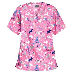Butter-Soft Unicorn Adventure Ballet Women's Print Scrub Top Pink 2X